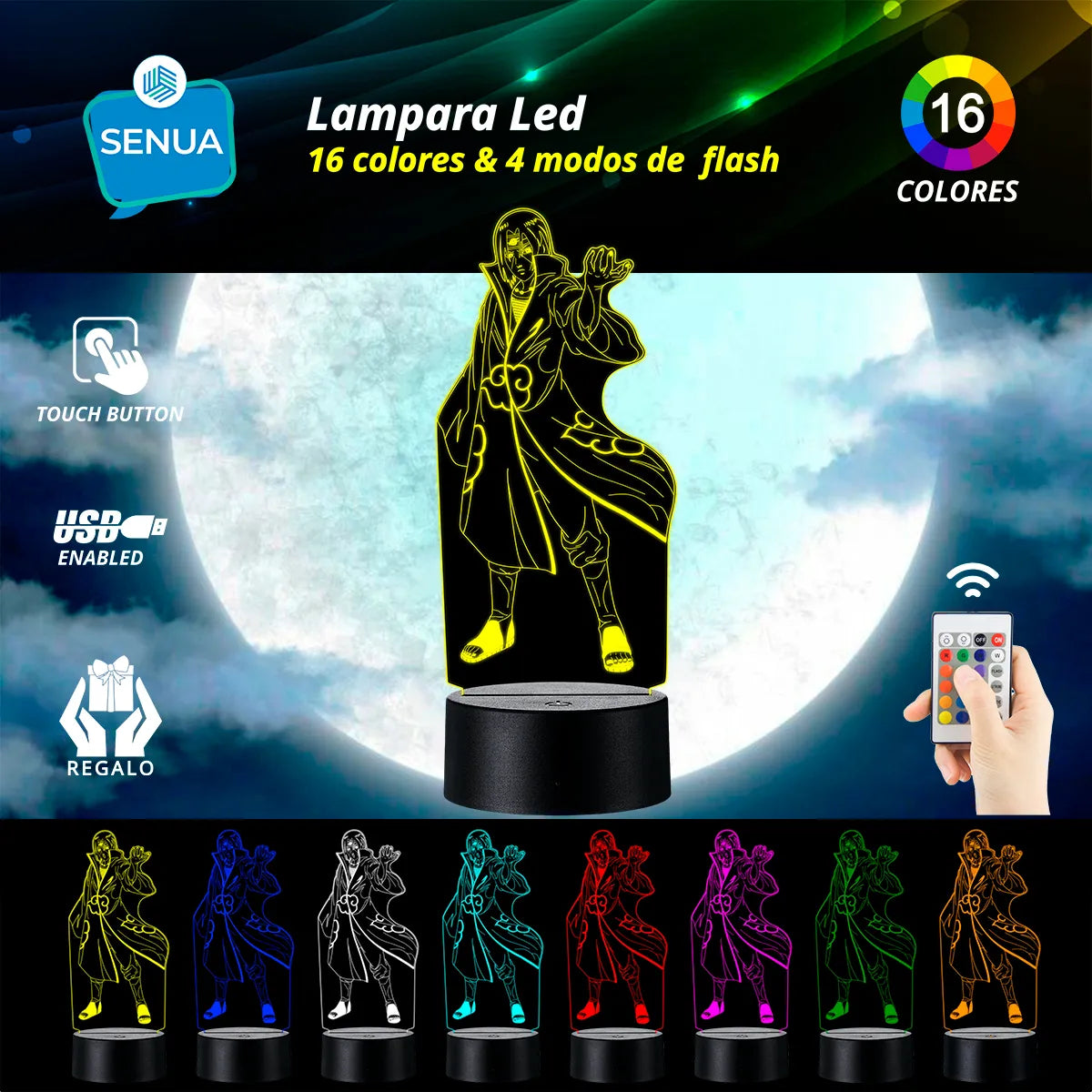 Lámpara Led Naruto Itachi Uchiha Decoración Regalo Holograma - Negra