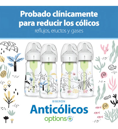 Tetero Dr Brown Boca Ancha 9 Oz Nivel 1 Decorado Dinosaurio Color Verde Claro Dinosaurios