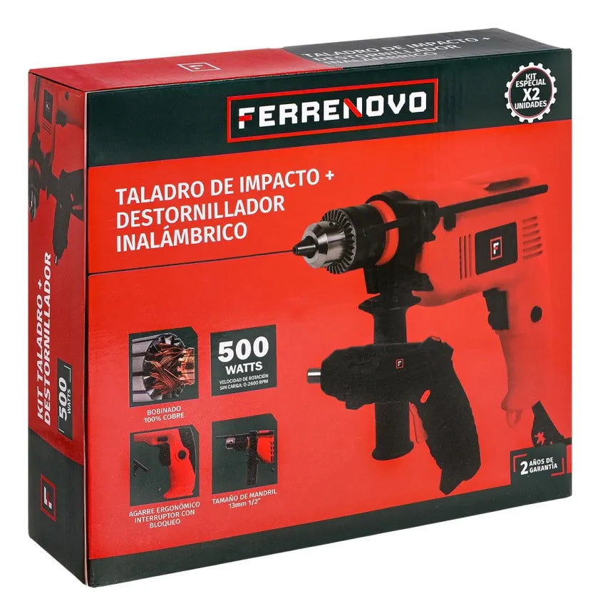 Kit Taladro De Impacto 500w + Destornillador Inalámbrico 10 - Rojo