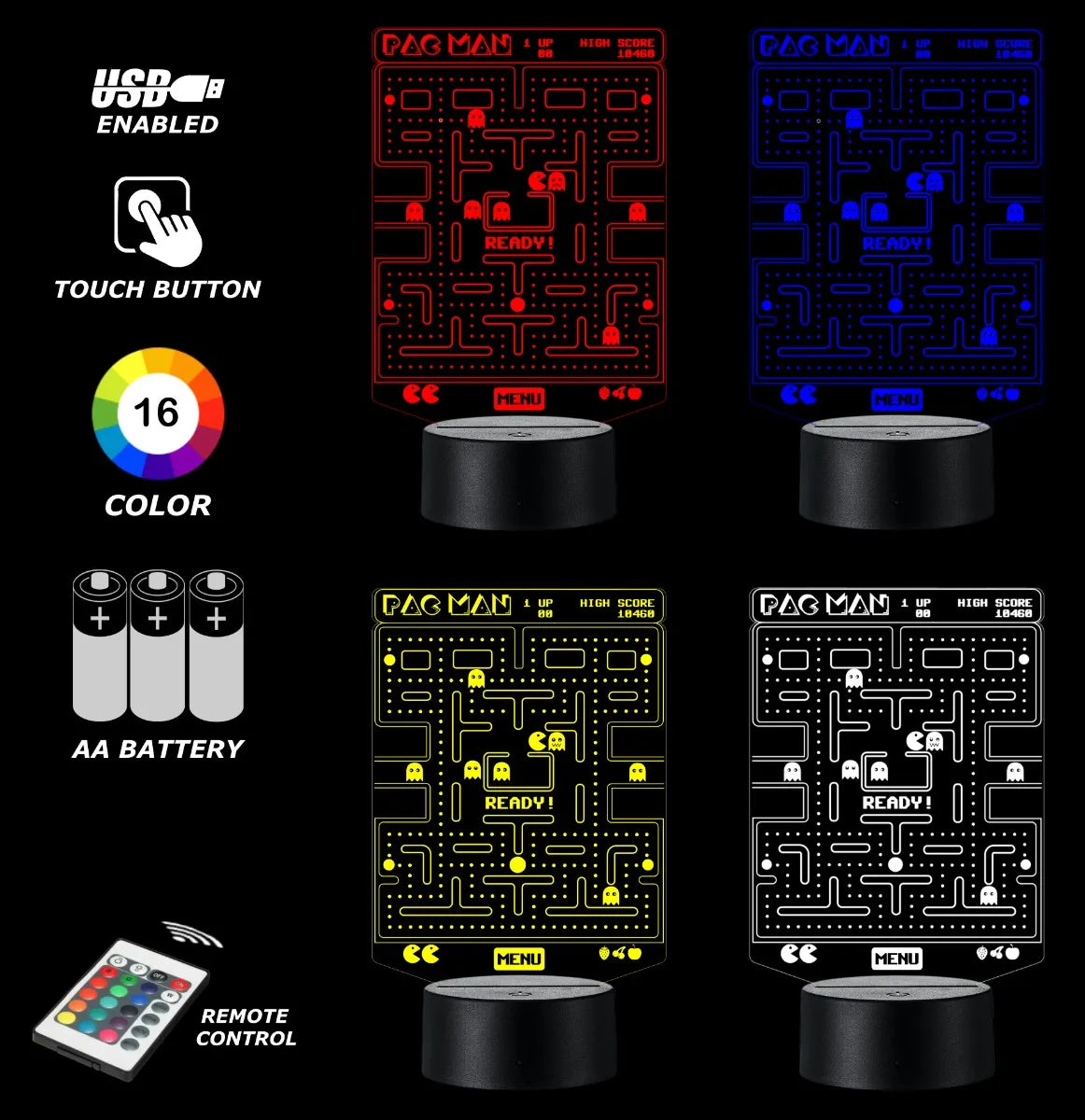 Lámpara De Noche Led Pac Man Decoración Regalo Holograma Negra
