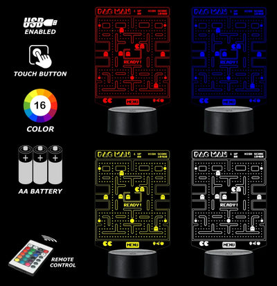 Lámpara De Noche Led Pac Man Decoración Regalo Holograma Negra
