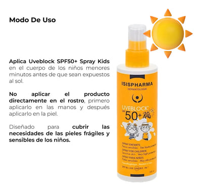 Protector solar infantil Isispharma Uveblock Uveblock Kids 50FPS en atomizador 200mL