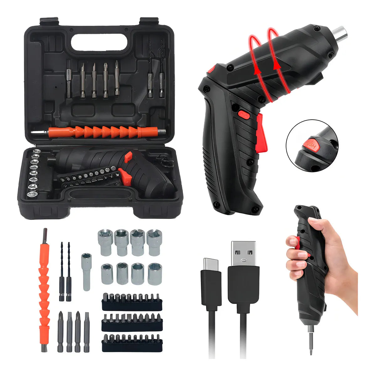 Destornillador Eléctrico Taladro Inalámbrico Recargable Color Negro