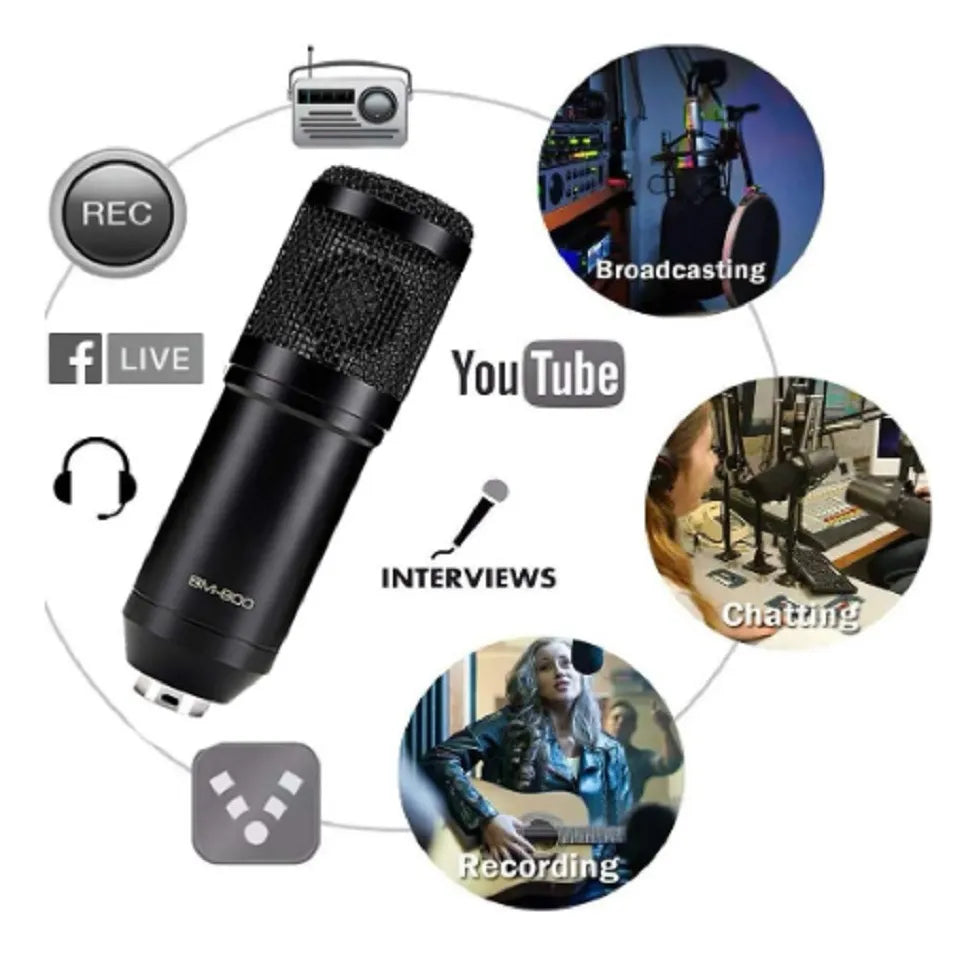 Kit Micrófono Condensador + Tarjeta Sonido + 9 Accesorios Negro
