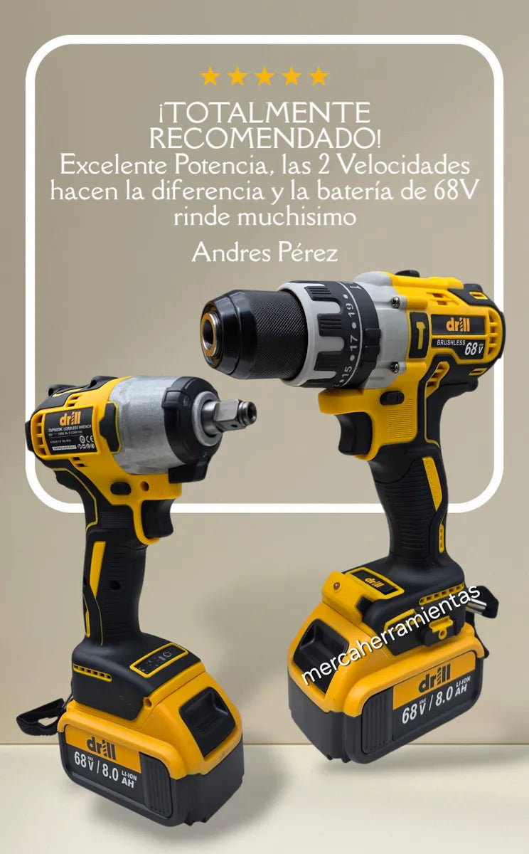 Kit Taladro Inalámbrico 13mm Y Pistola Impacto 1/2 Drill 68v - Amarillo - 60hz