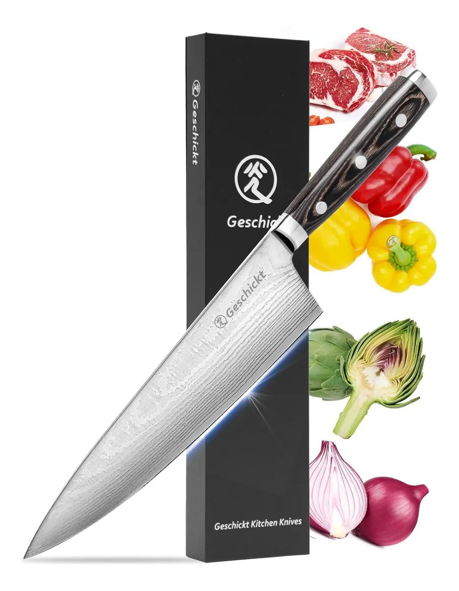 Cuchillo De Chef Profecional Aleman Alto Carbono Damasco Gris