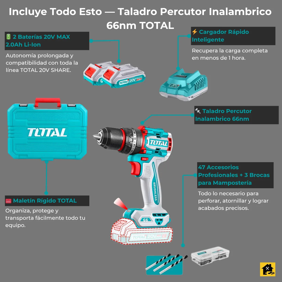 Taladro Percutor 1/2 Inalambrico Total 66nm +50 Acc Brushles Turquesa 50 Hz/60 Hz
