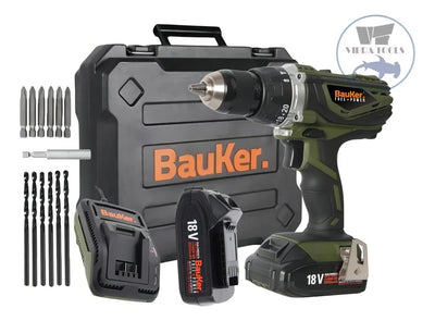 Taladro percutor atornillador inalámbrico de 13mm Bauker CD180JN-2P 18V + accesorios