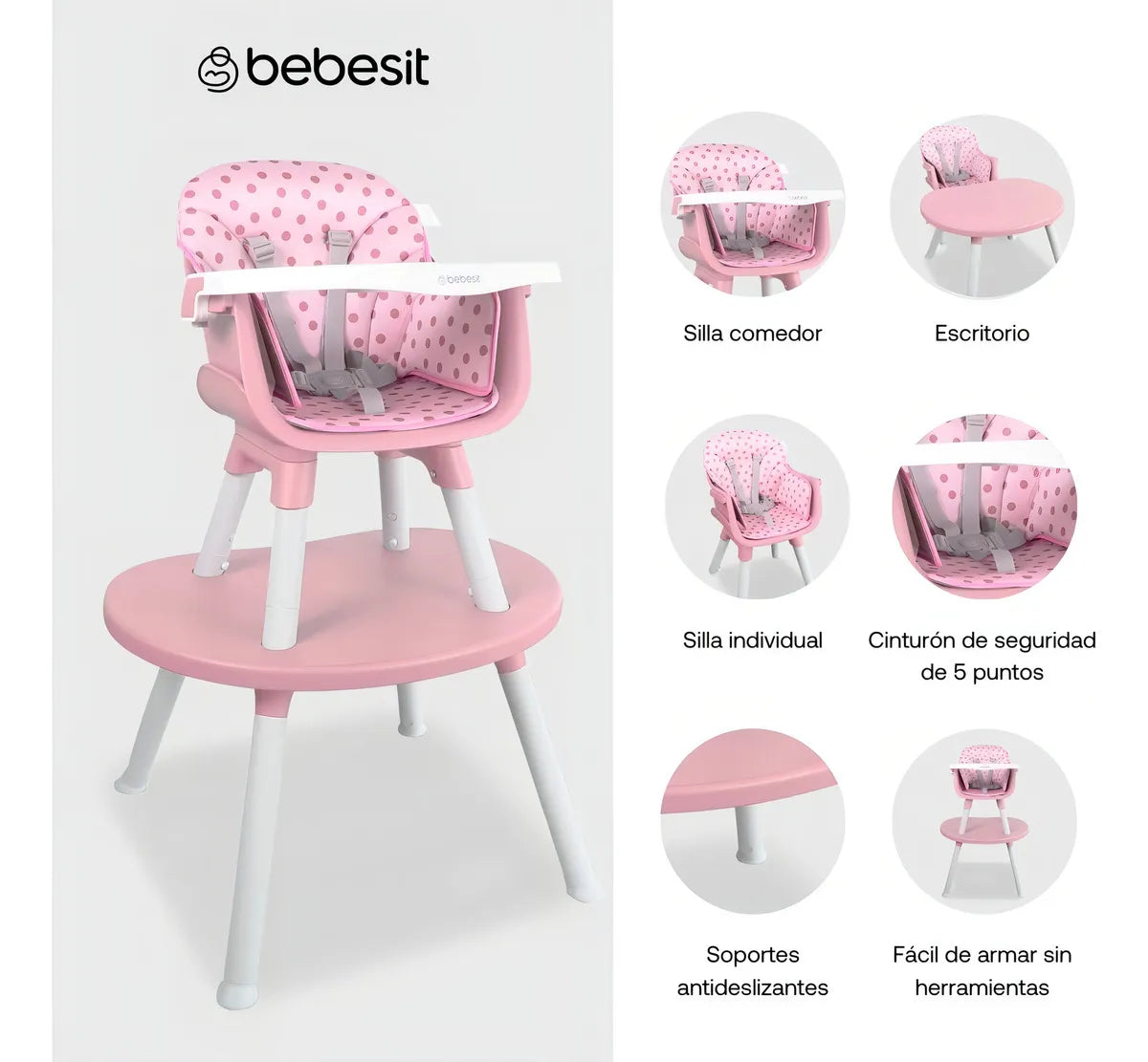 Silla Comedor Bebe 2 En 1 BEBESIT Comedor Escritorio con alcolchado Color Rosado