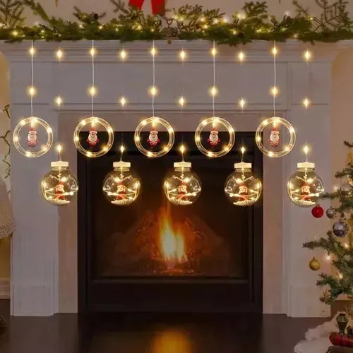 Instalación Cortina Bolas Y Aros Navideños Figura Papa Noel Multicolor