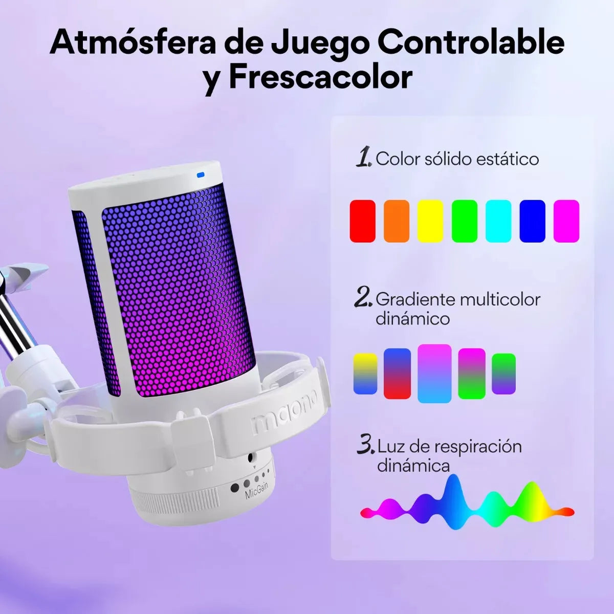 Micrófono Maono Dgm20s Cardioide Condensador Usb Profesional Con Cancelación De Ruido y Con Soporte De Brazo Rgb Color Blanco
