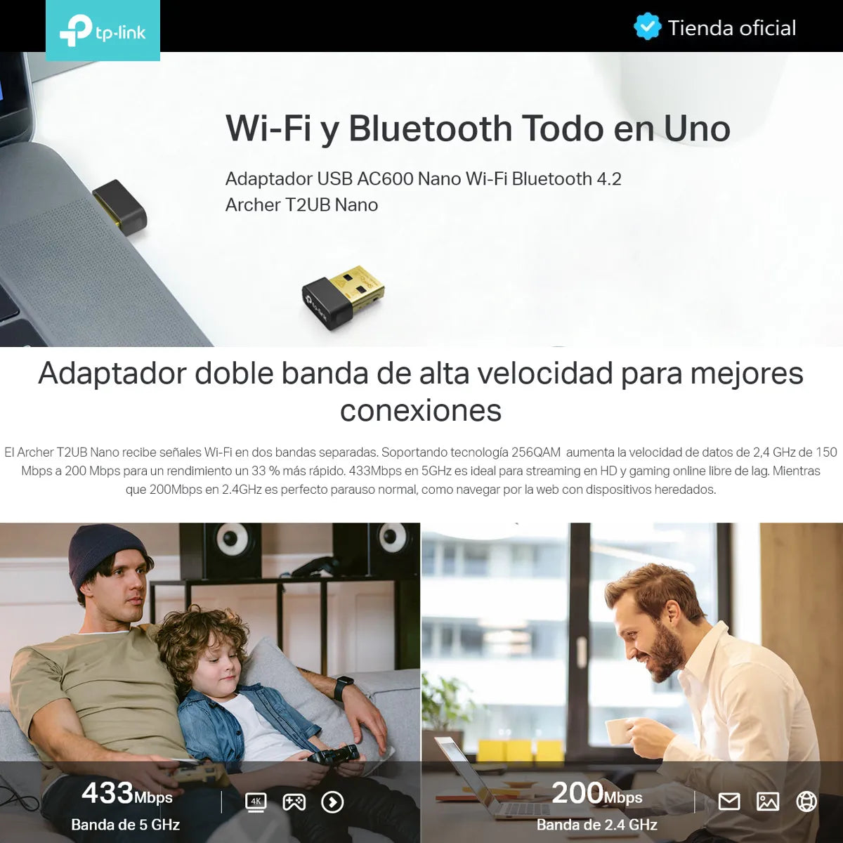 Tp-link Archer T2ub Nano, Adaptador Usb Bluetooth Wifi Ac600