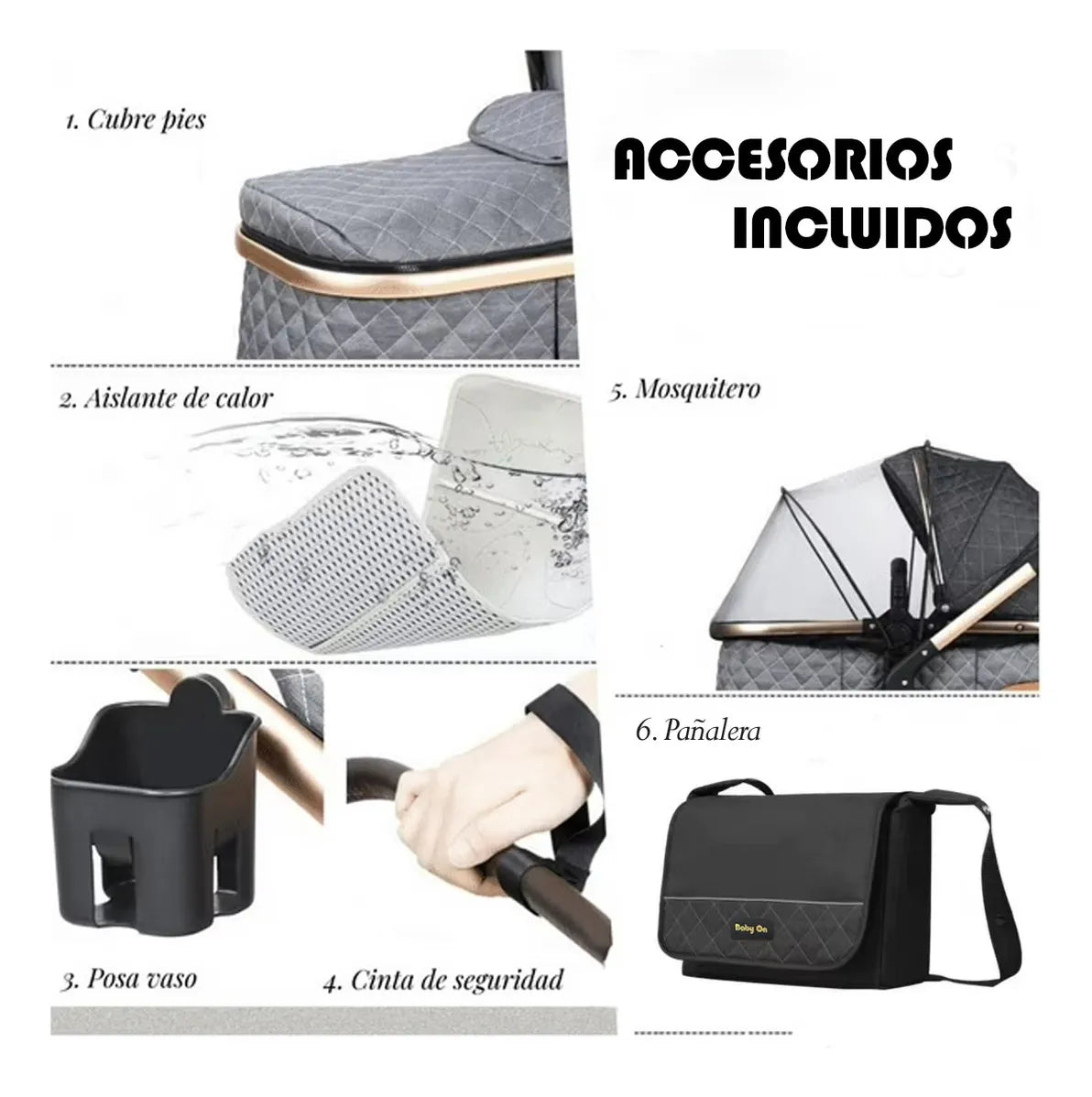 Baby on Coche Bebé Tipo Moises Paragüitas 3 en 1 en Aluminio y Accesorios Color Negro