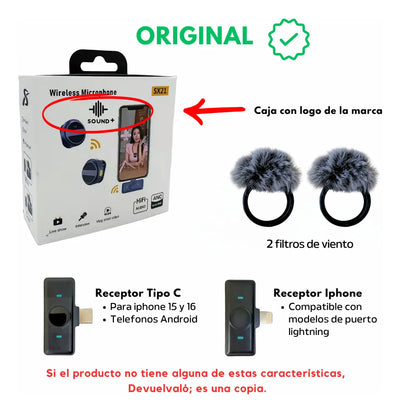 Microfono de Solapa Inalambrico Moneda con Cancelacion de Ruido 2 en 1 iPhone Android Tipo C Lavalier RunBike Lark Sx21 con Antipop Negro