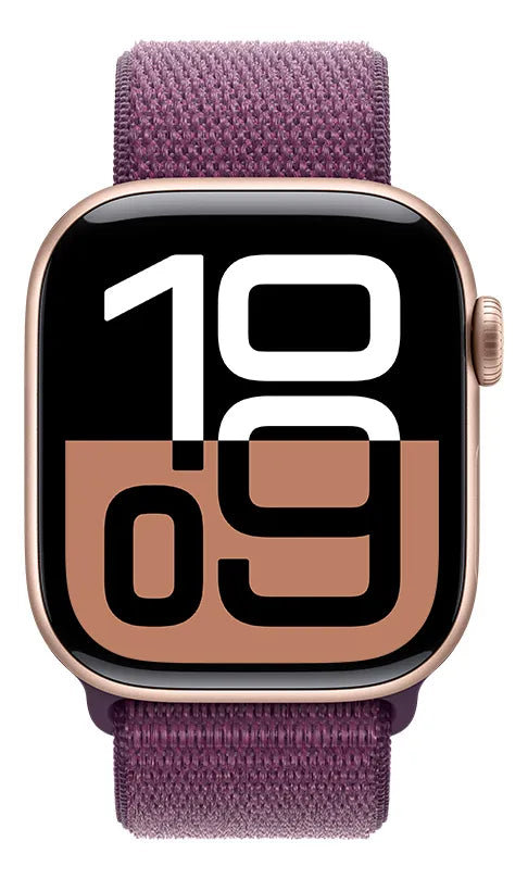 Apple Watch Series 10 GPS • Caja de aluminio color oro rosa de 42 mm • Correa loop deportiva color ciruela