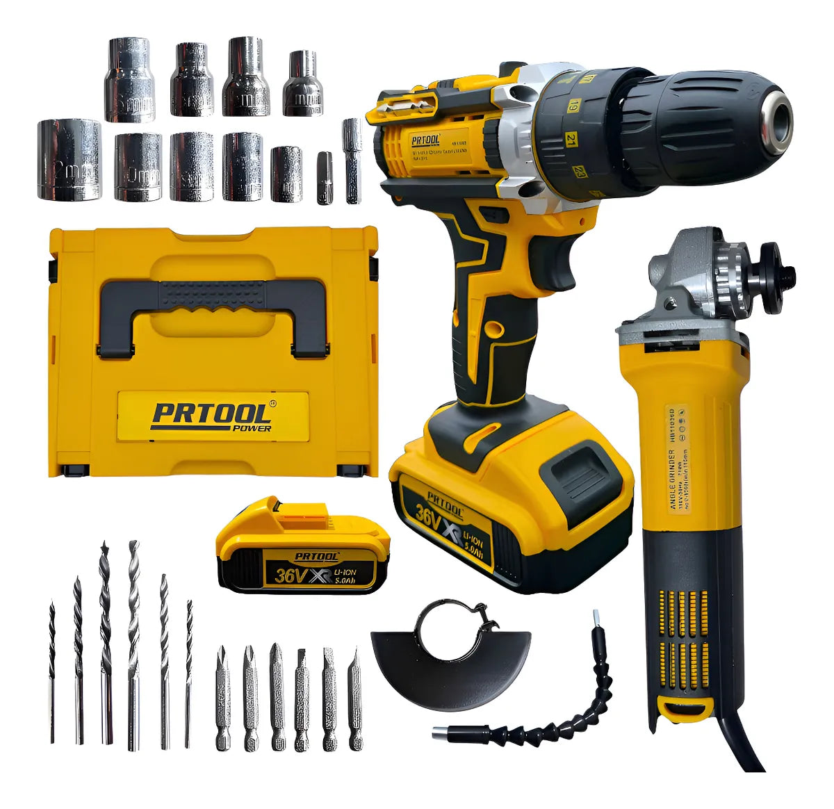 Combo Taladro Percutor Inalámbrico + Pulidora Eléctrica 710w - Amarillo - 50hz/60hz