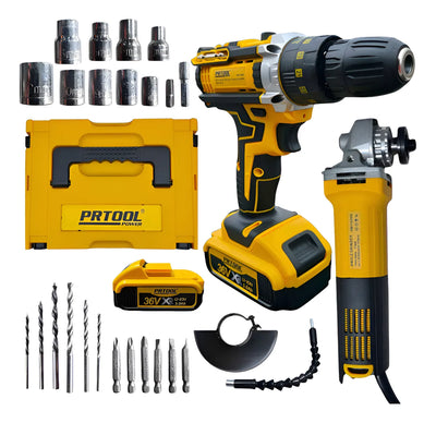 Combo Taladro Percutor Inalámbrico + Pulidora Eléctrica 710w - Amarillo - 50hz/60hz