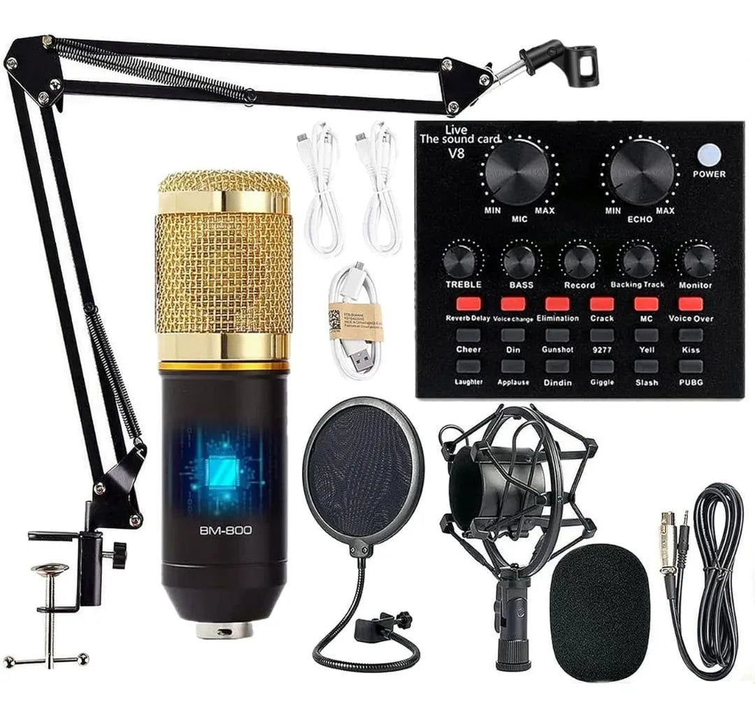 Kit Micrófono Profesional De Condensador + Tarjeta Sonido V8 Color Dorado