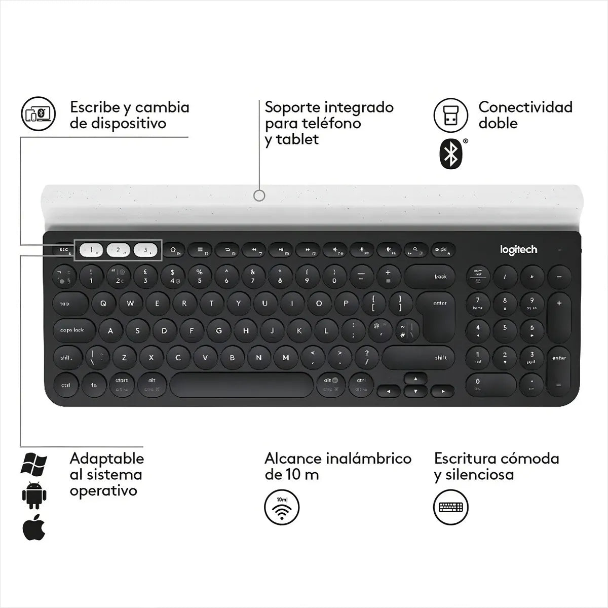 Teclado bluetooth Logitech QWERTY español latinoamérica color negro y blanco