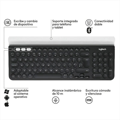 Teclado bluetooth Logitech QWERTY español latinoamérica color negro y blanco