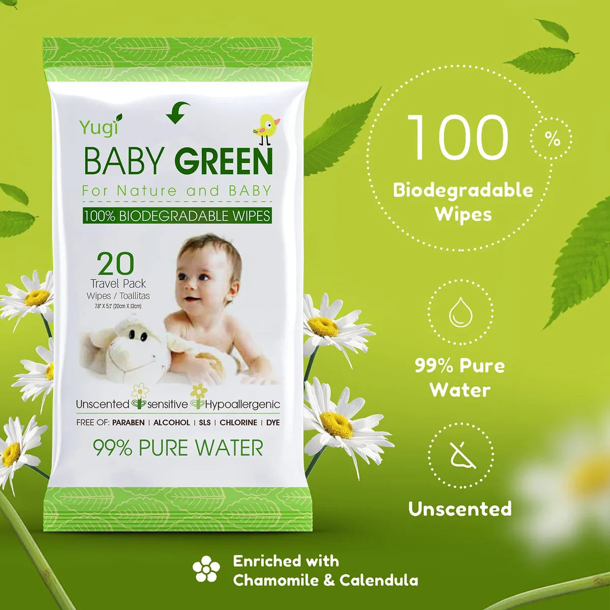 Toallitas Verdes Para Bebe, Biodegradables Y Suaves.