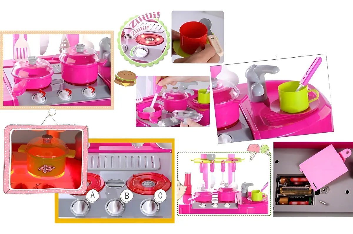 Cocina Infantil Kitchen Little Modelo 008-921A Rosa Con Luz Sonido Accesorios