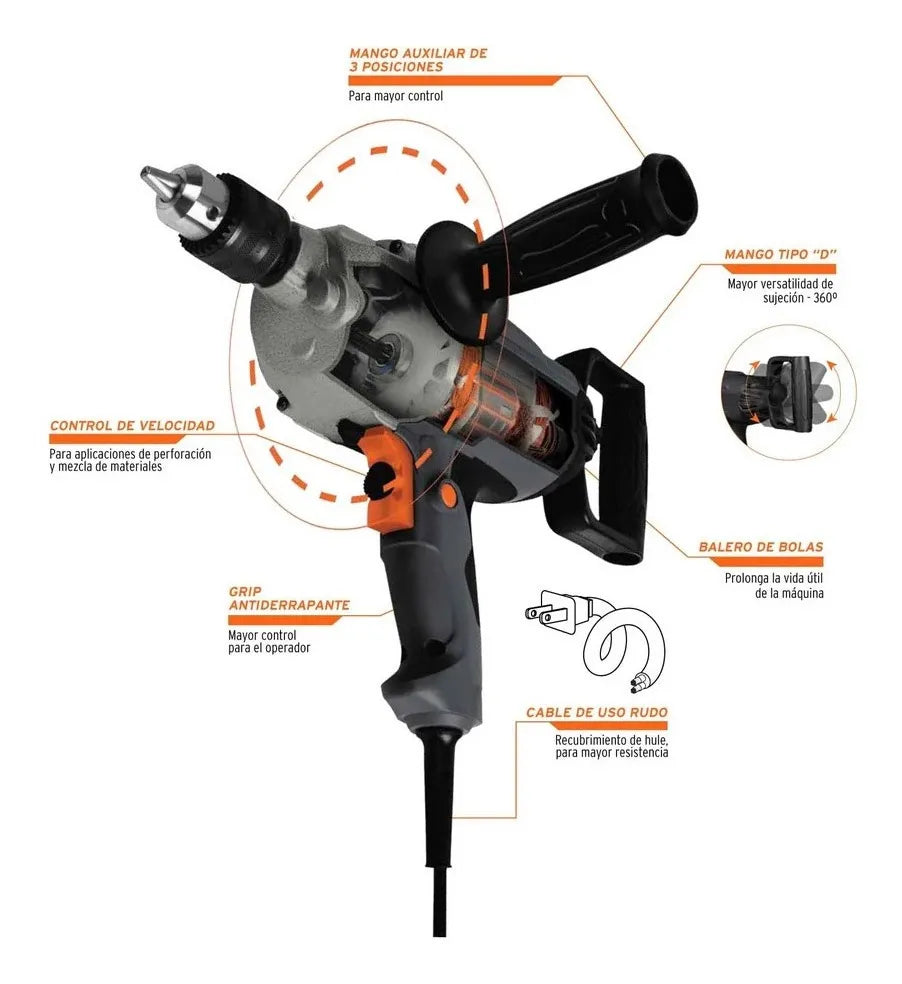 Taladro Tipo Espada Industrial 1/2'' 1150 W Truper 16714 Color Gris Frecuencia 60