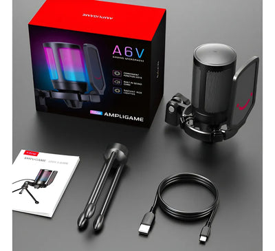 Micrófono de condensador para jugadores Fifine A6v con filtro pop, triple color negro