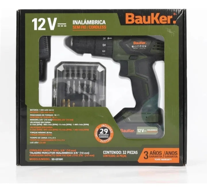 Taladro percutor atornillador inalámbrico de 10mm Bauker SD-GS1041 + accesorio 60Hz