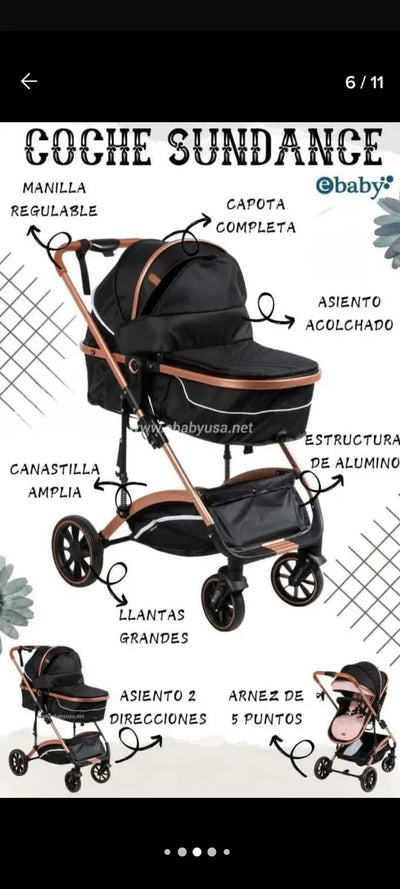 Coche De Paseo Ebaby Moisés Modelo 126 Reclinable Color Rosa Cubrepiés Amortiguación Chasis Dorado