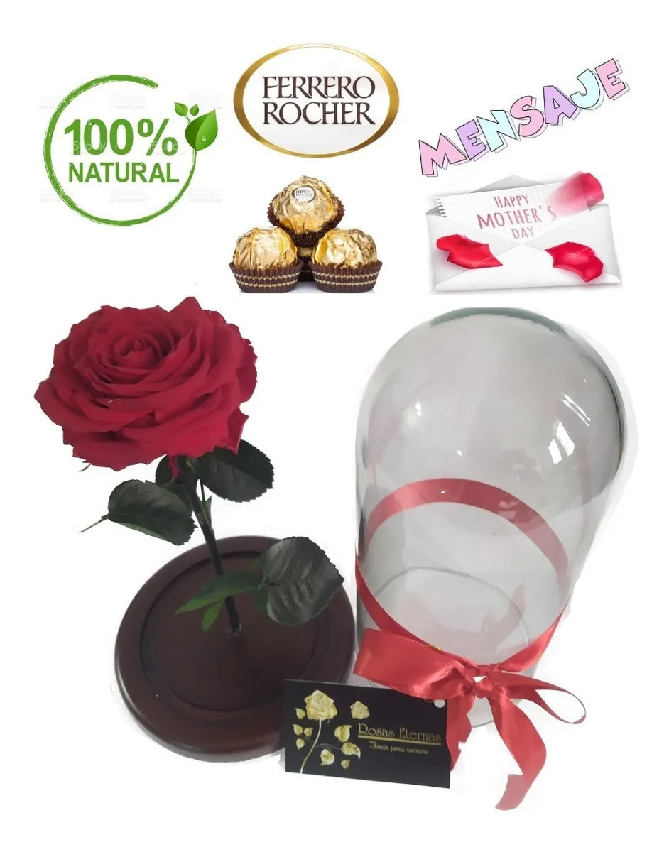 Rosa Preservada Regalo Cúpula Vidrio Color Rojo + Tarjeta - Todos