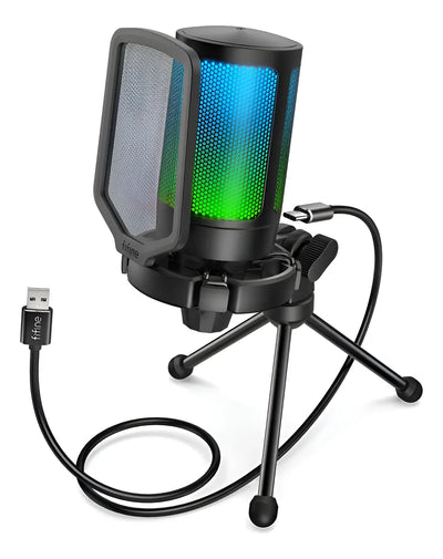 Micrófono de condensador para jugadores Fifine A6v con filtro pop, triple color negro
