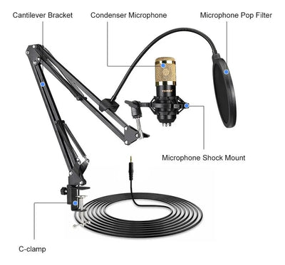 Kit Micrófono Profesional De Condensador + Tarjeta Sonido V8 Negro