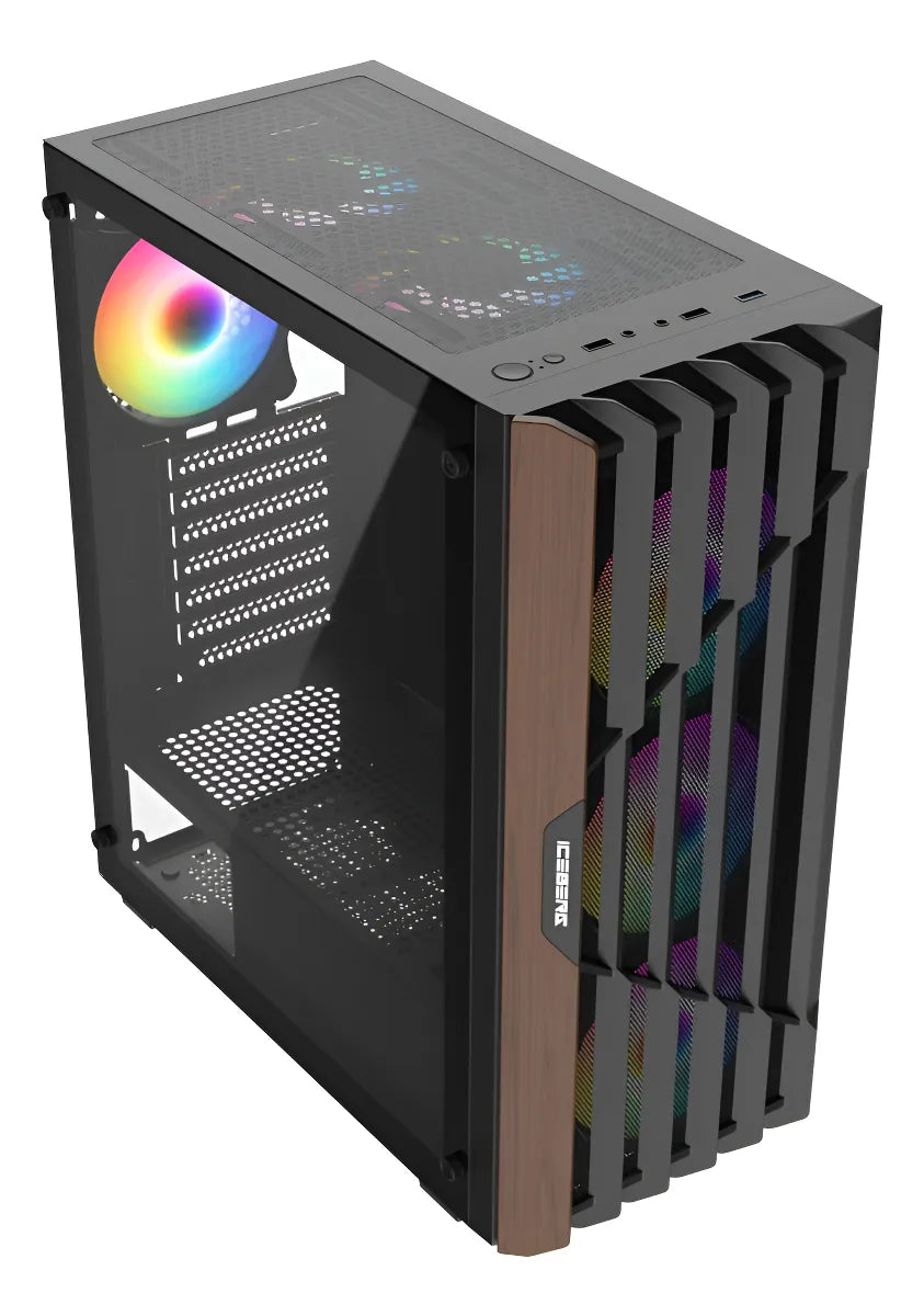 Caja Gabinete Gamer Iceberg Wood Core Argb 6 Ventiladores Negro