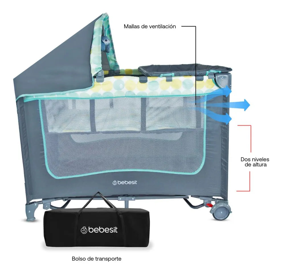 Cuna Corral Bebé Con Mosquitero removible , Mecedora + Cambiador y bolsa de transporte Color Azulincluye ruedas