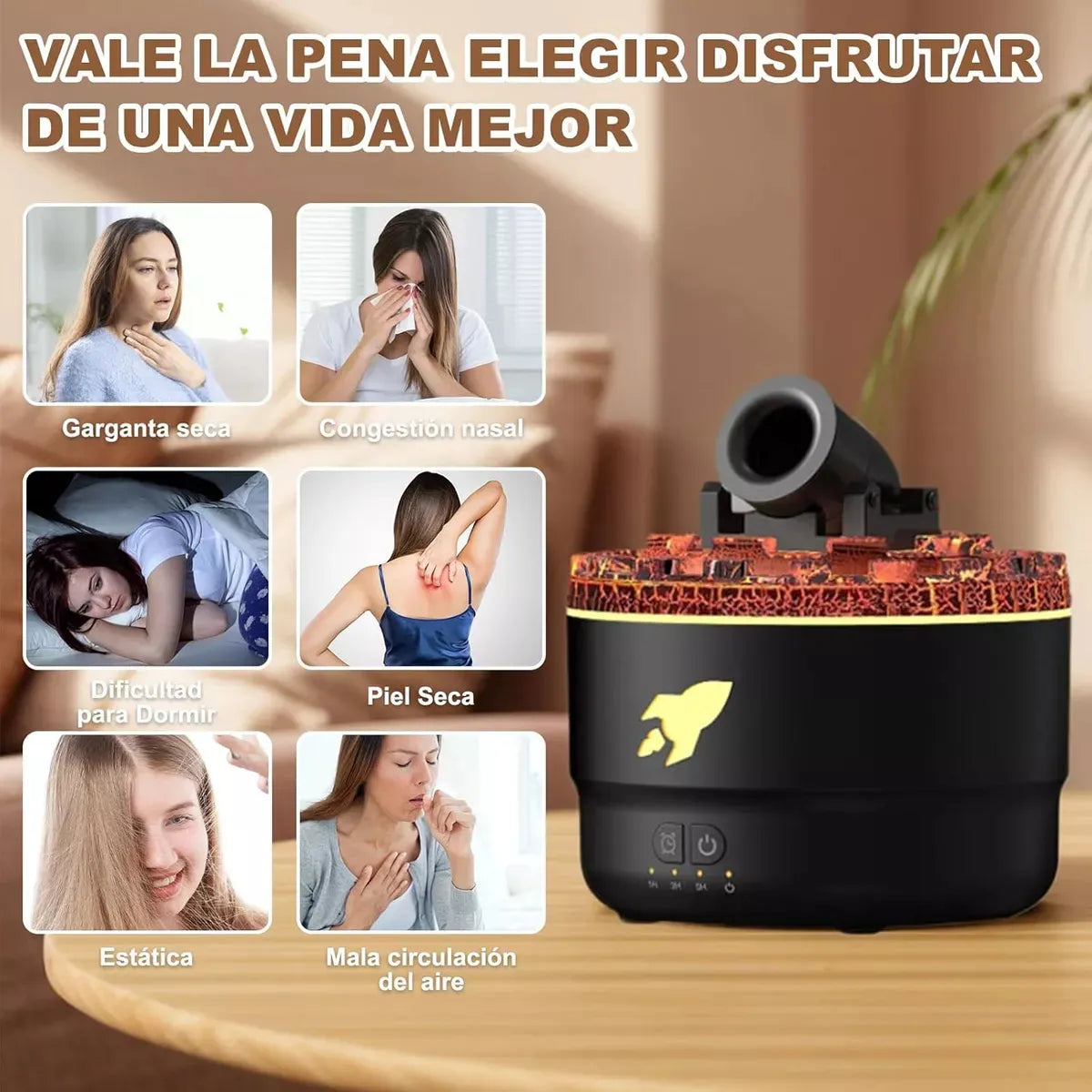 Humificador Difusor De Aromas Olores Cañon Lava Aros Luz Led - Negro