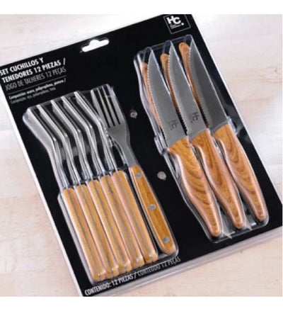 Set Cubiertos Cuchillo Y Tenedor 12 Piezas, Especial Asados Color Color Madera