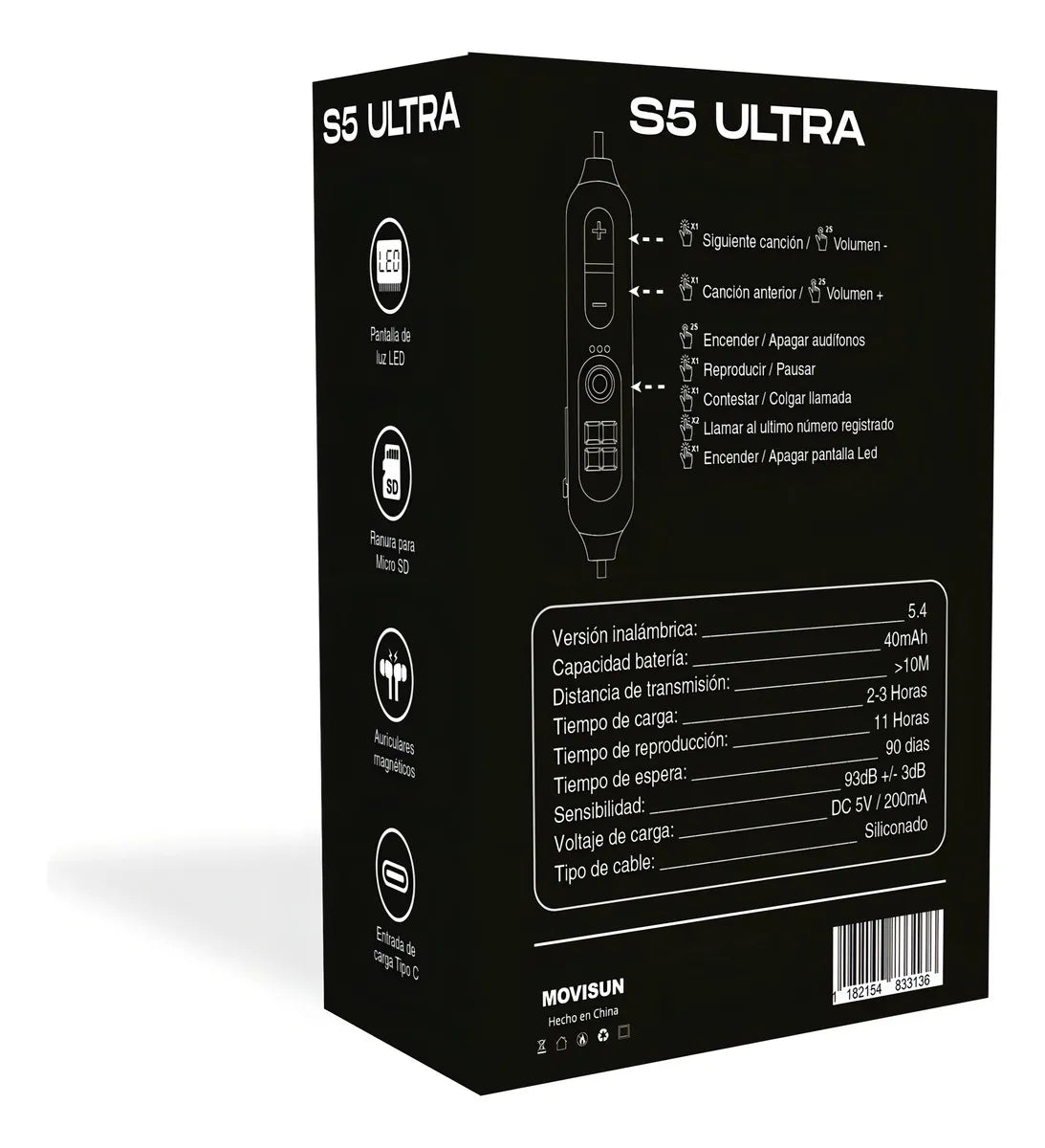 Audífonos Bluetooth Movisun S5 Ultra Color Negro