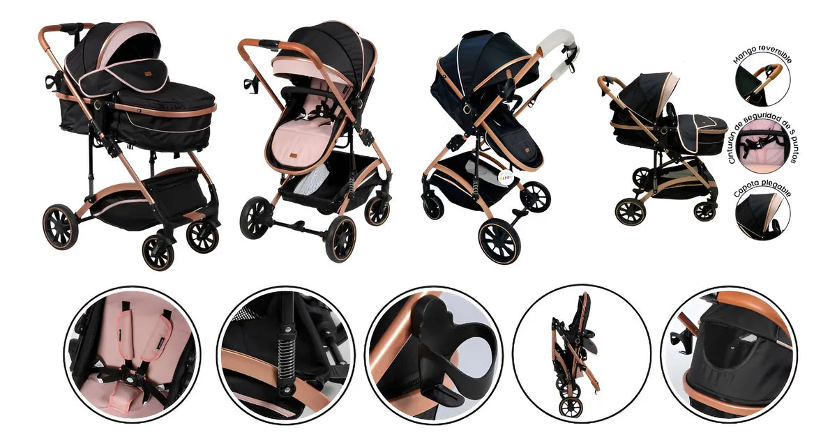 Coche De Paseo Ebaby Moisés Modelo 126 Reclinable Color Rosa Cubrepiés Amortiguación Chasis Dorado