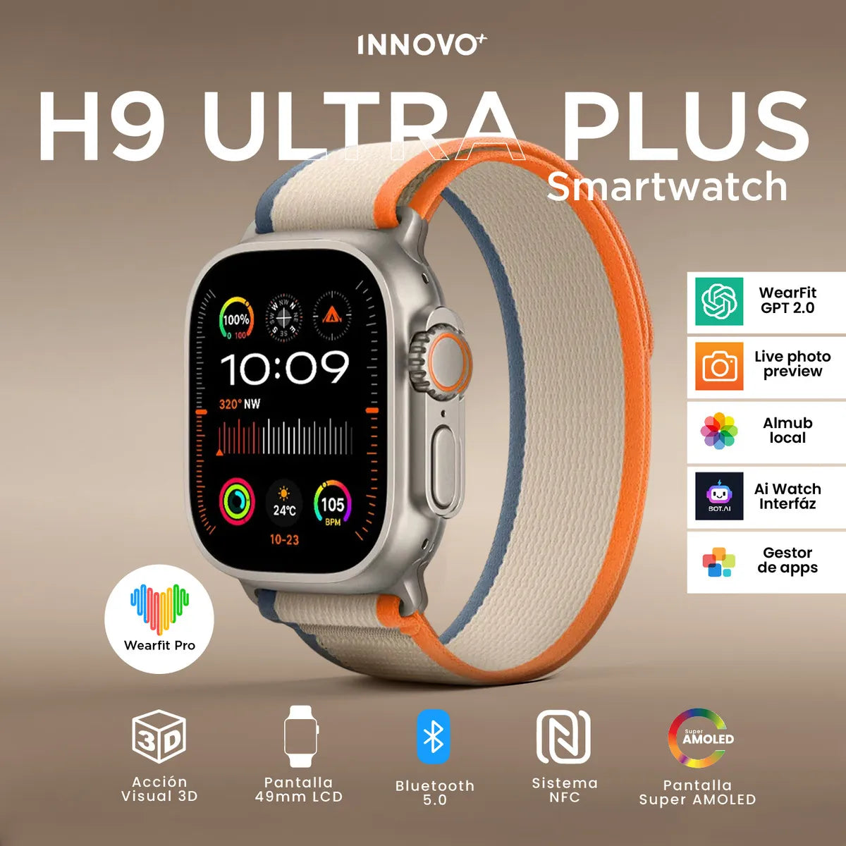 Smartwatch H9 Ultra Plus 49mm + 7 Correas | Nfc, Amoled, Bluetooth 5.0