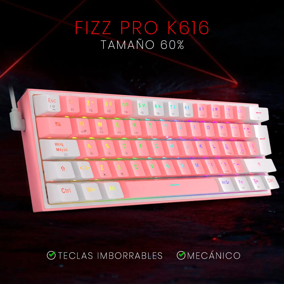 Teclado Redragon Fizz Pro K616-rgb Rosa/blanco Español Gamer Color Del Teclado Rosa Idioma Español Latinoamérica