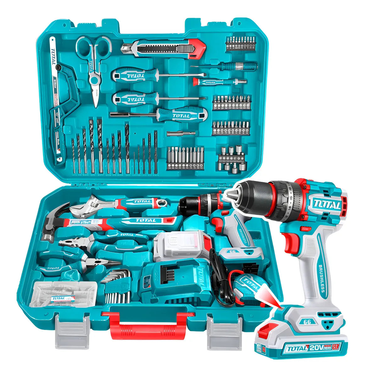 Taladro Percutor 1/2 66nm+ Kit De Herramientas 165 Pzs Total Color Turquesa Frecuencia 50 Hz/ 60 Hz