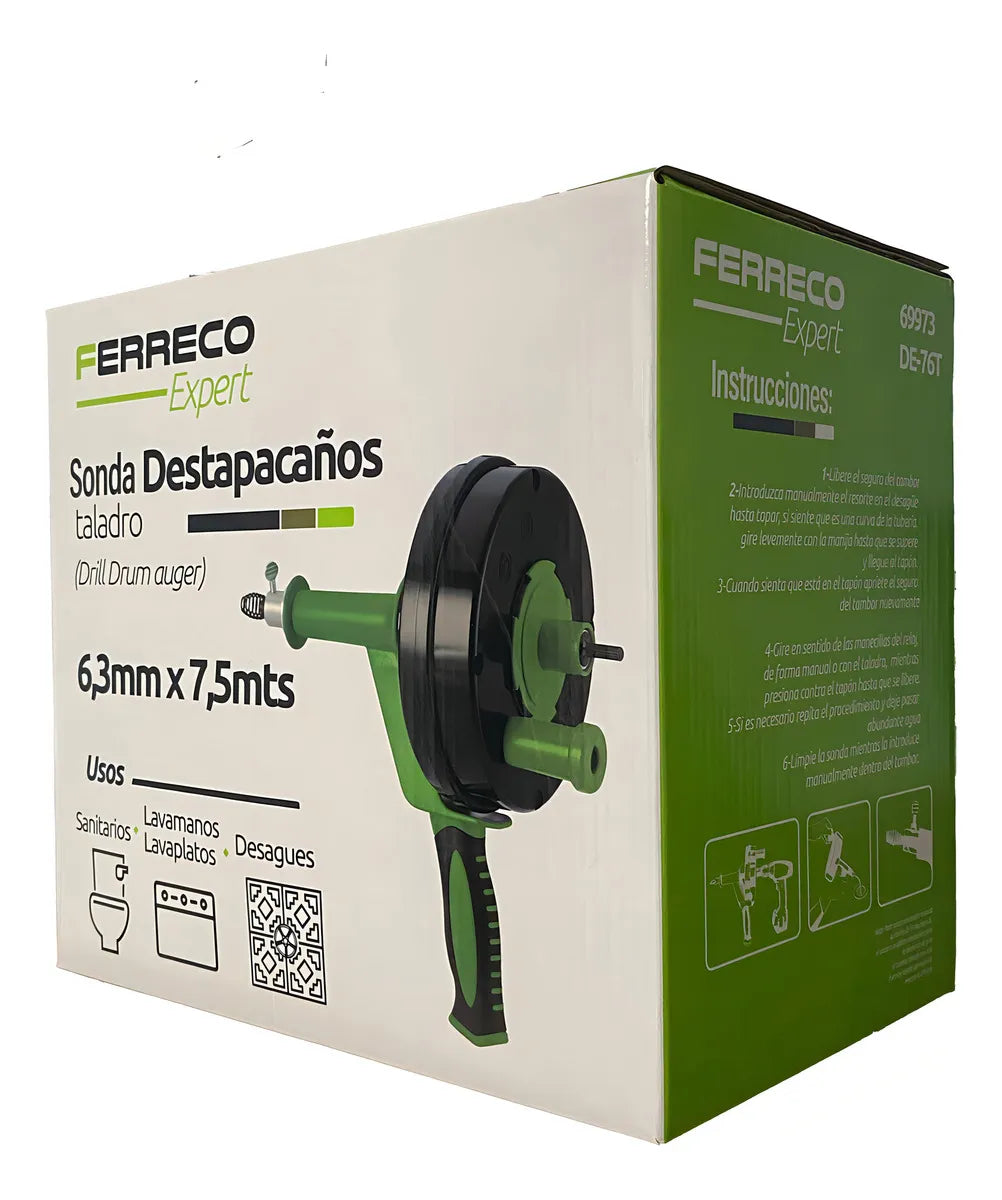 Sonda Destapacaños Manual Con adaptación a Taladro 7,6 MTs, Tuberias, desagues, sanitarios, lavamanos Ferreco Expert
