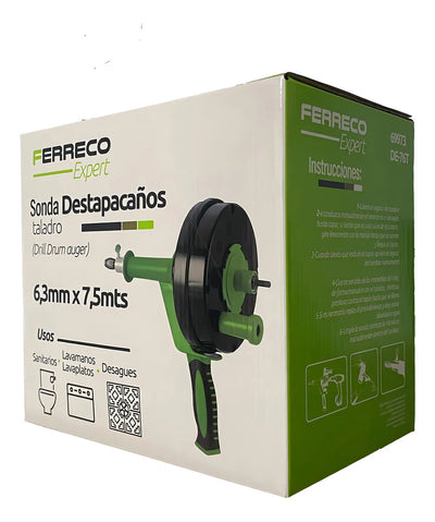 Sonda Destapacaños Manual Con adaptación a Taladro 7,6 MTs, Tuberias, desagues, sanitarios, lavamanos Ferreco Expert