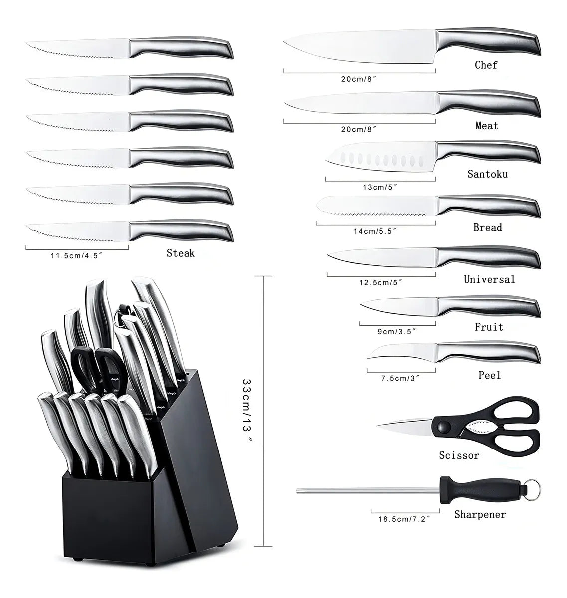 Juego Cuchillos Cocina Set 15 Piezas Acero Quirúrgico Base De Madera Modernos Premium