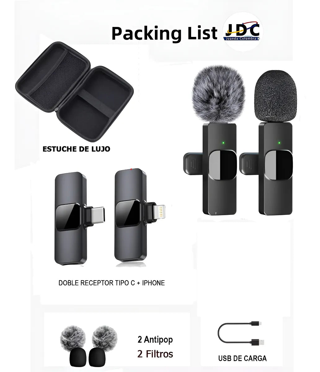 Micrófonos Inalámbricos de Solapa Doble Receptor Para Celular Tipo C iPhone Y Pc Color Negro Gp Product K9pro2024