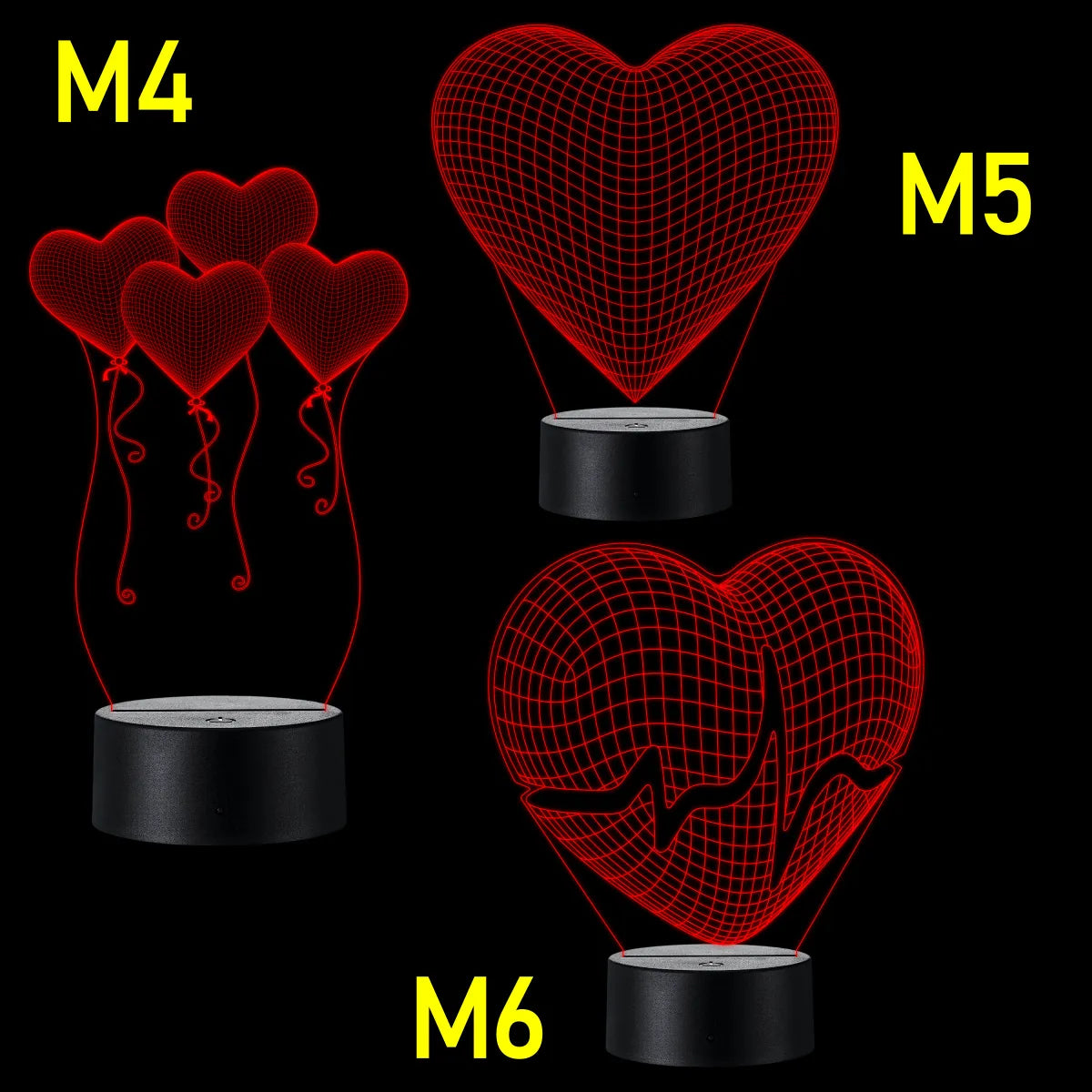 Lámpara De Noche Led 3d Corazones Regalo Pareja Holograma Negro
