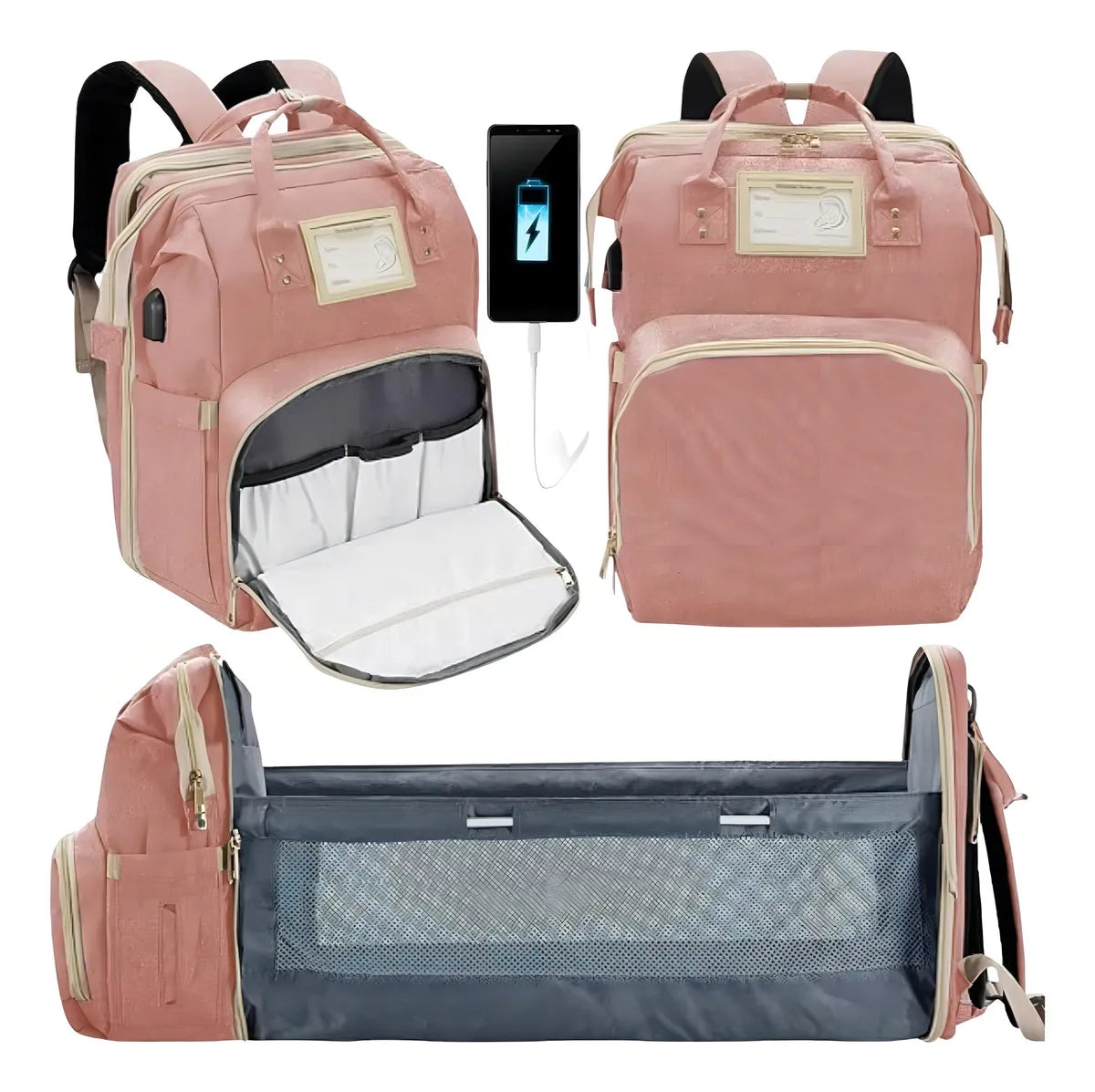 Pañalera morral tipo cuna con cambiador 3 en 1 puerto usb color rosa nube