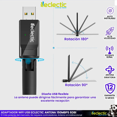 Tarjeta Red Usb Wifi Eclectic 6dbi Inalámbrica Rompemuros