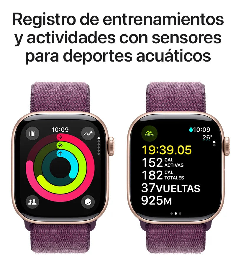 Apple Watch Series 10 GPS • Caja de aluminio color oro rosa de 42 mm • Correa loop deportiva color ciruela